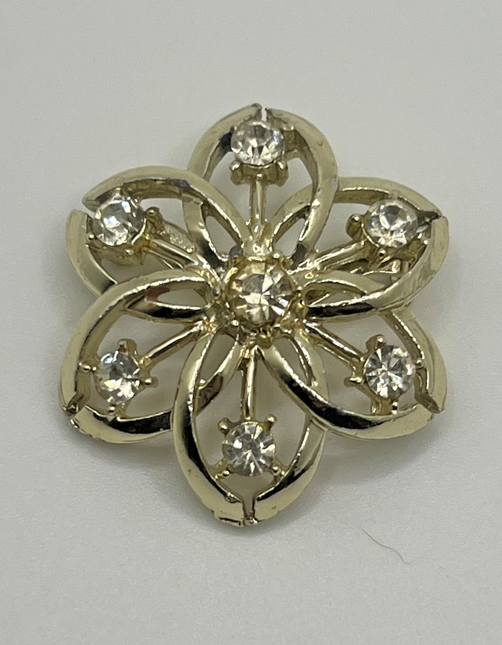 Vintage Light Gold & Rhinestone Open Flower Whimsical Costume Brooch